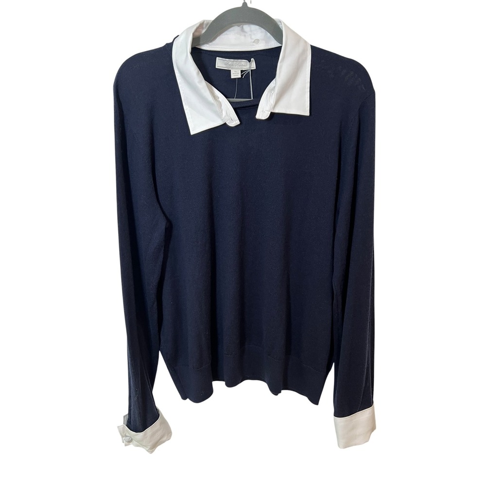 NEW Brooks Brothers 100% Merino Wool White Collar Luxury Sweater Navy Preppy XL